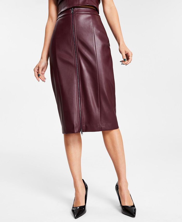 Women s Faux Leather Zip Front Midi Skirt Created for Macy s