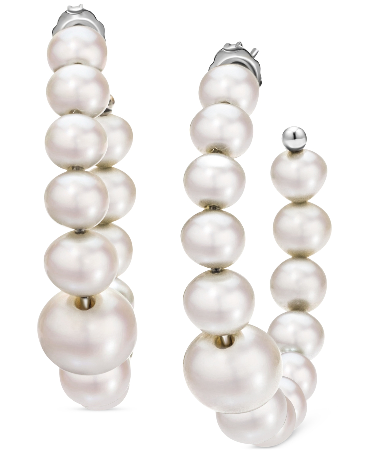 Macy's Cultured Freshwater Pearl (5-9mm) Graduated Medium Hoop Earrings, 1.5" In Sterling Silver
