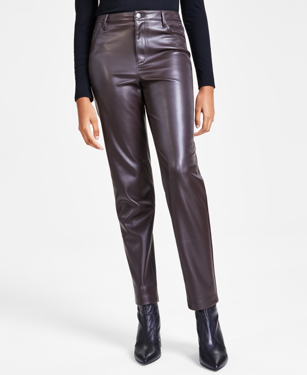 Bar Iii Women s Faux Leather Straight Leg Pants Created for Macy s Rich Truffle Smart Closet