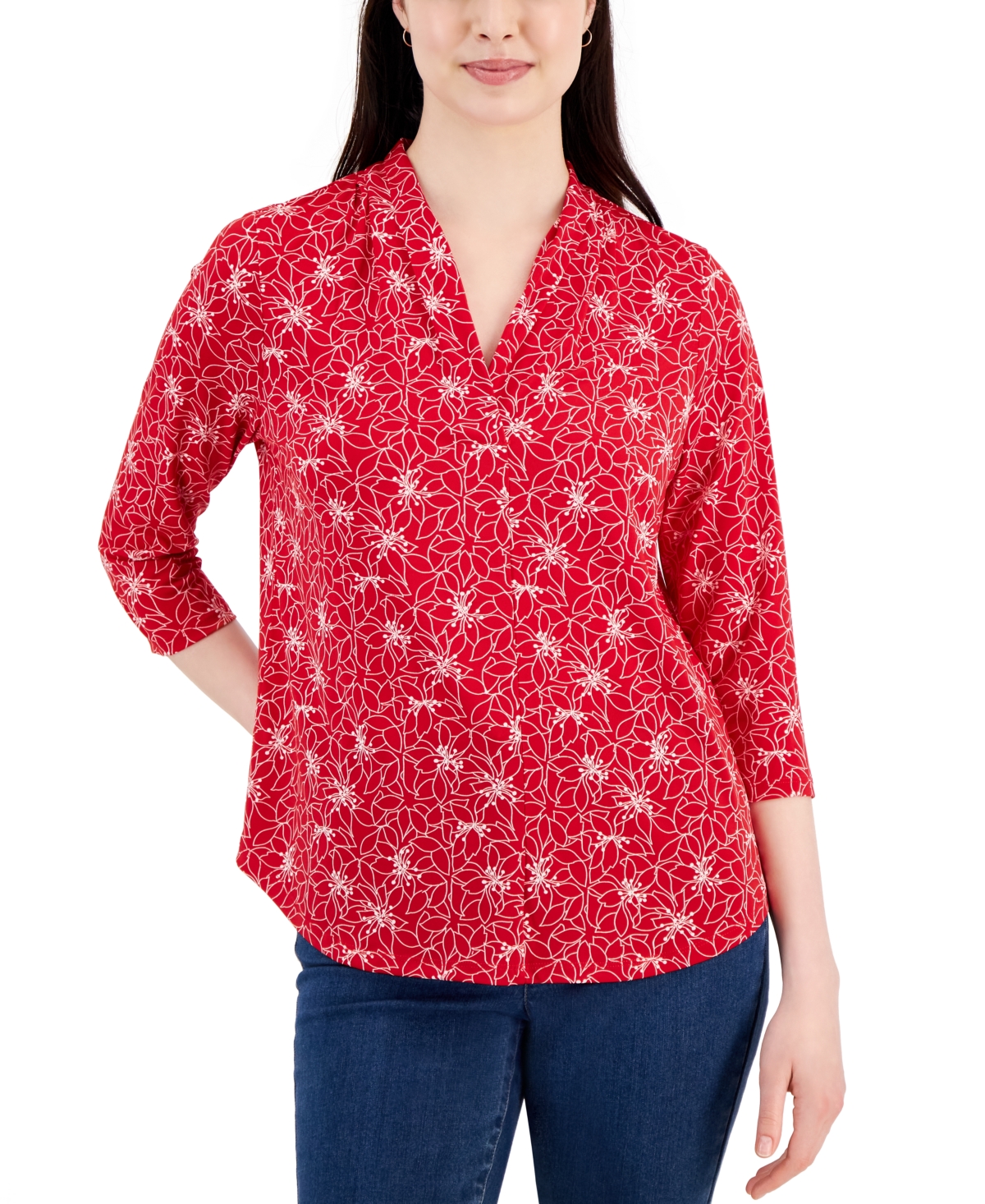 Women's Printed Pleated V-Neck Knit Top, Created for Macy's - Ravishing Red Combo