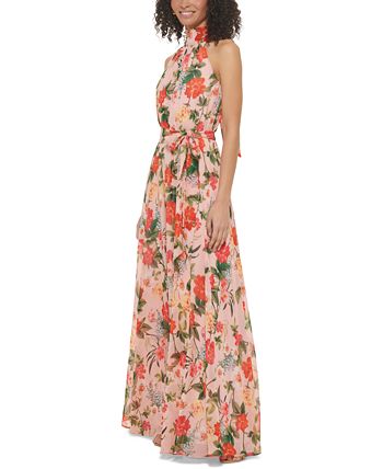 Eliza J Floral Print Chiffon Halter Dress Wrap Dress Halter Ruffle Maxi  Dress Eliza J Chiffon