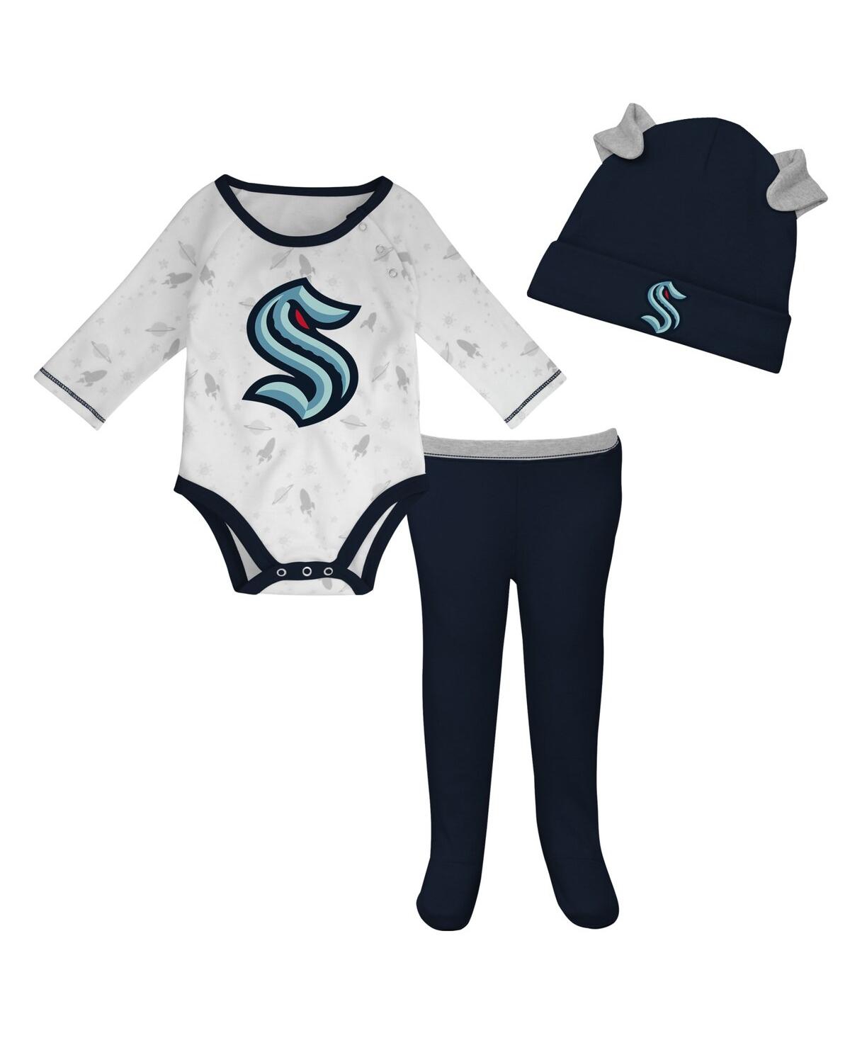 Shop Outerstuff Newborn And Infant Boys And Girls White, Deep Sea Blue Seattle Kraken Dream Team Hat Pants And Bodys In White,deep Sea Blue