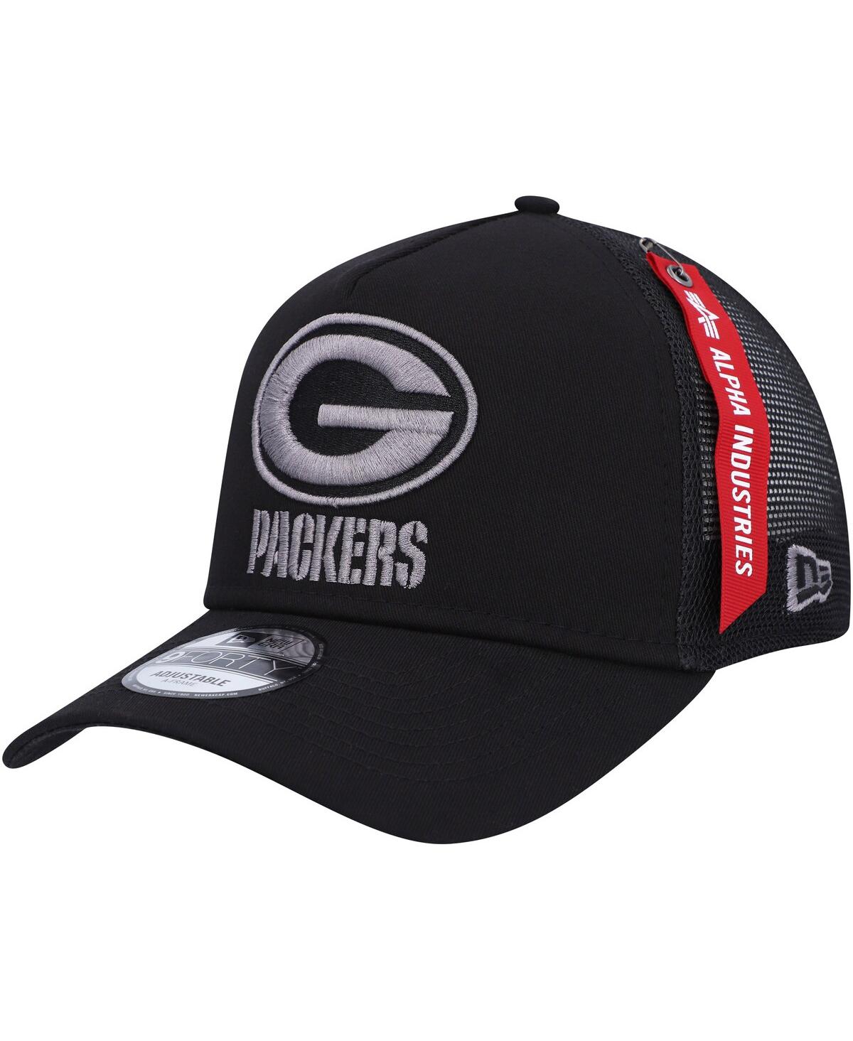 Shop New Era Men's  X Alpha Industries Black Green Bay Packers A-frame 9forty Trucker Snapback Hat