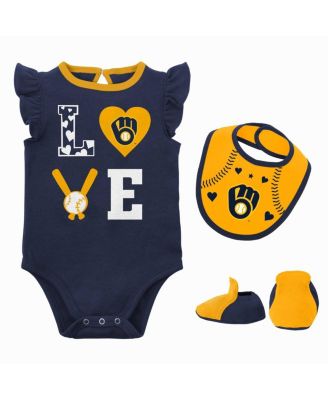 Newborn and Infant Boys and Girls Navy, Gold Milwaukee Brewers Three-Piece Love of Baseball Bib Bodysuit and Booties Set