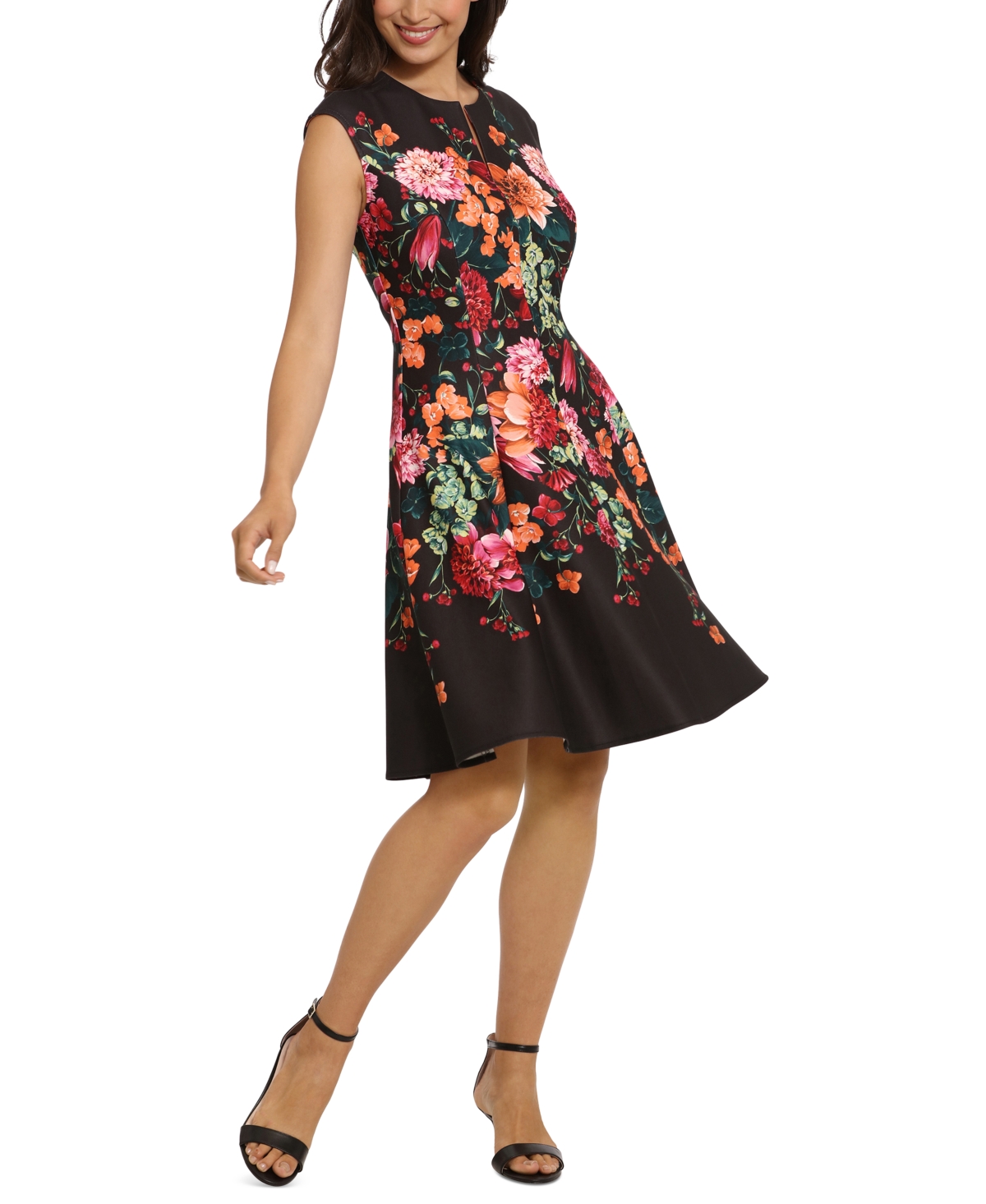 Shop London Times Petite Split-neck Floral-print Fit & Flare Dress In Navy Blue