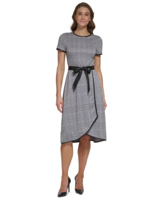 DKNY - Women's Faux-Leather-Trim Plaid Fit & Flare Dress