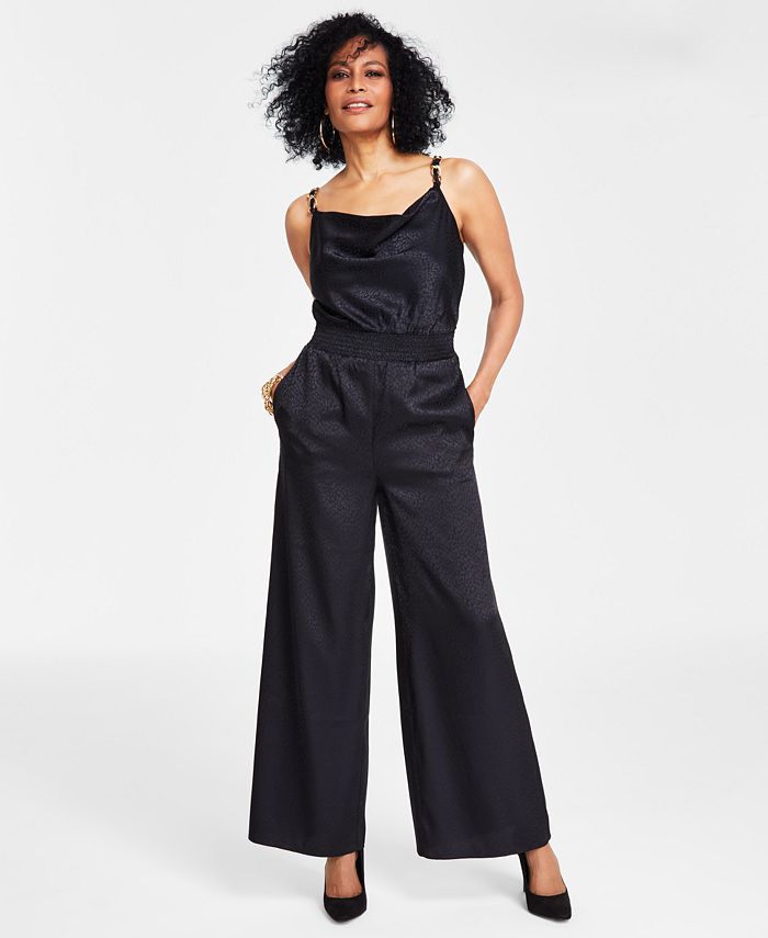I.n.c. International Concepts Petite Spotted Jacquard Jumpsuit, Created for Macy's - Black - Size P/XL