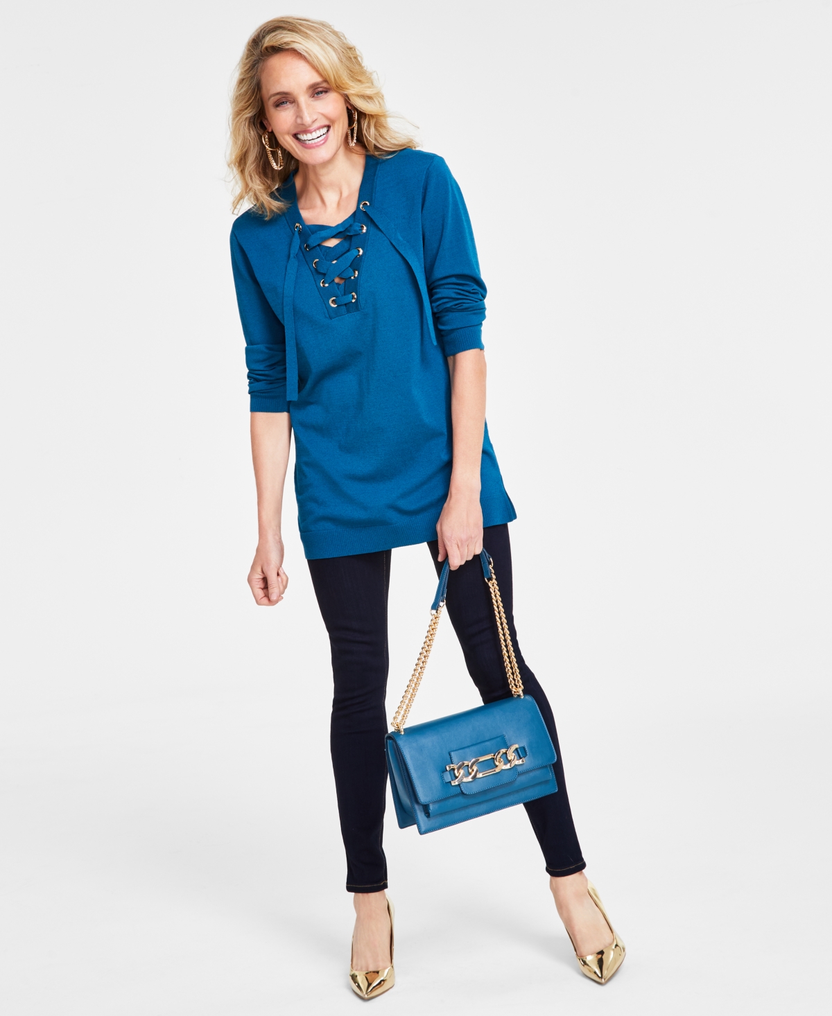 Women's Lace-Up Tunic Sweater, Created for Macy's - Mosaic Green