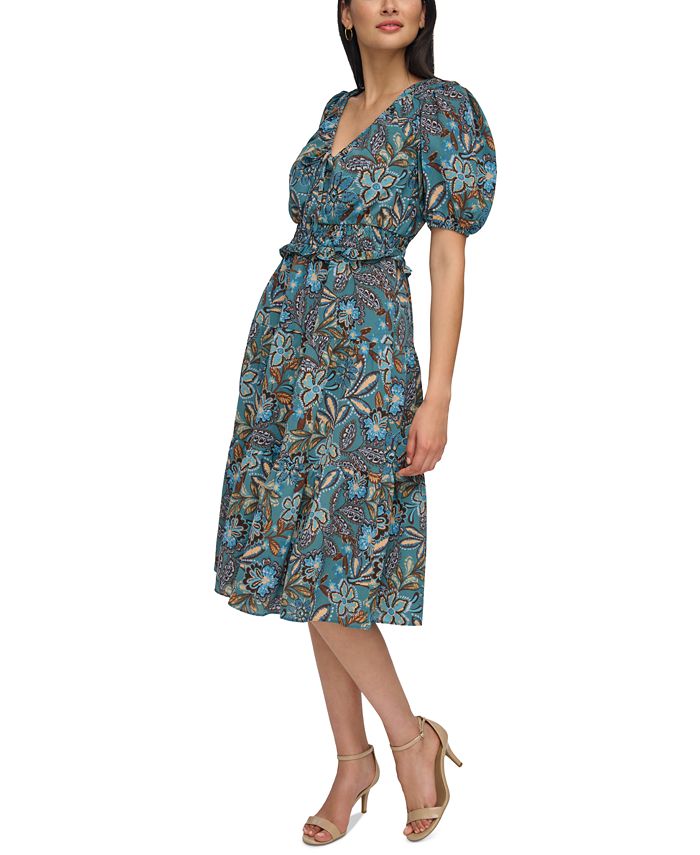 Vince Camuto Women's Printed Crepe De Chine Twofer MIDI with Jersey Bodice Blue Size 12
