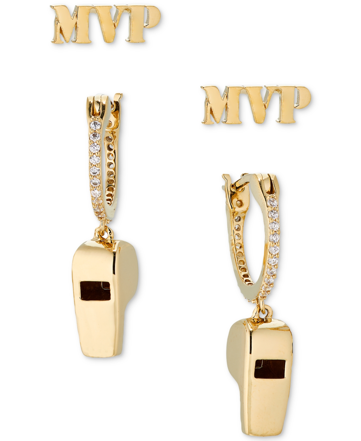 18k Gold-Plated 2-Pc. Set Mvp Stud & Whistle Charm Pave Hoop Earrings - Gold
