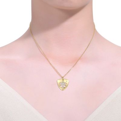 14k Gold Plated with Cubic Zirconia Laser-Cut 6-Pointed Star Triangle Shield Double Pendant Charm Necklace