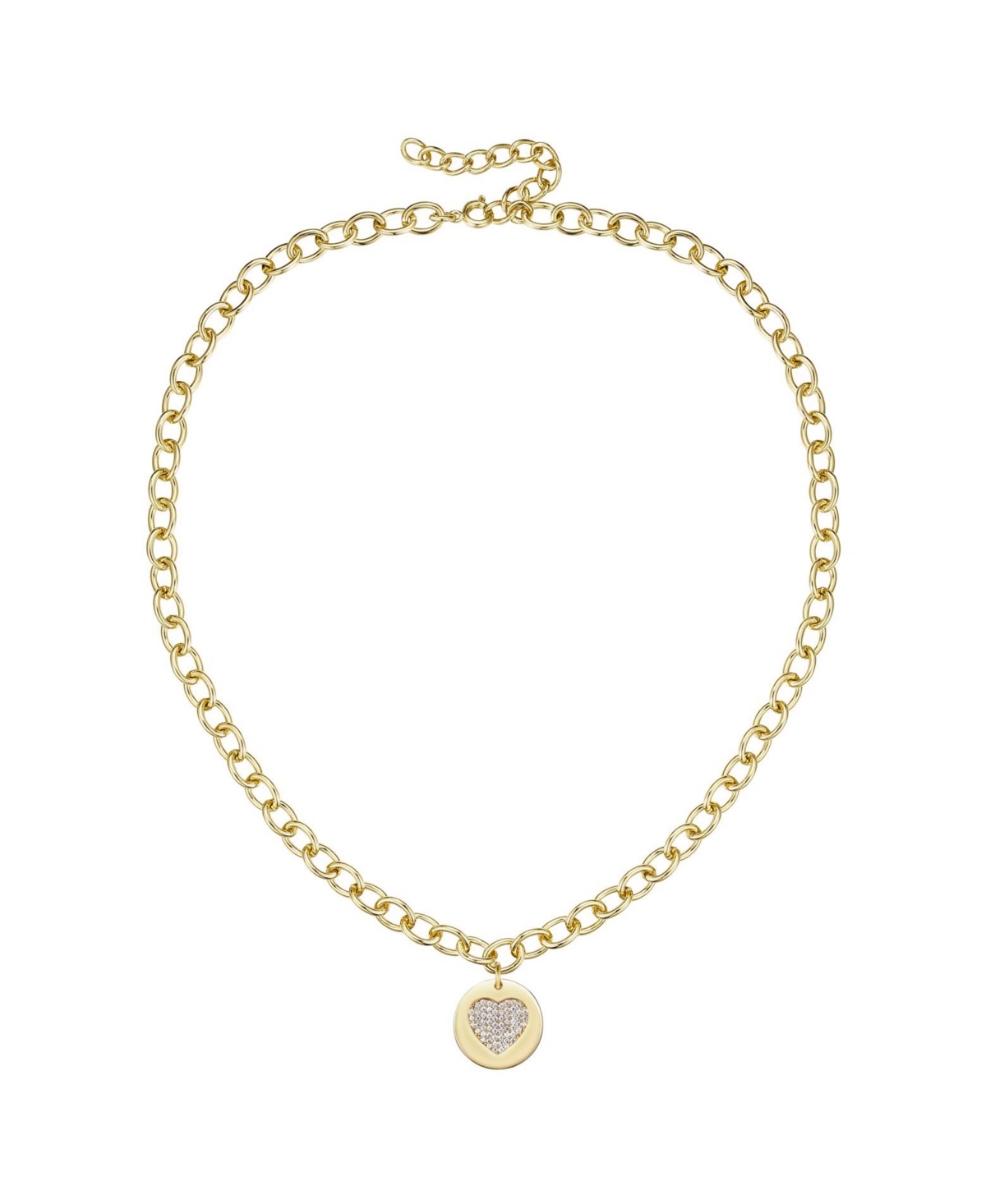 14k Gold Plated with Cubic Zirconia Heart Medallion Pendant Curb chain Adjustable Necklace - Gold