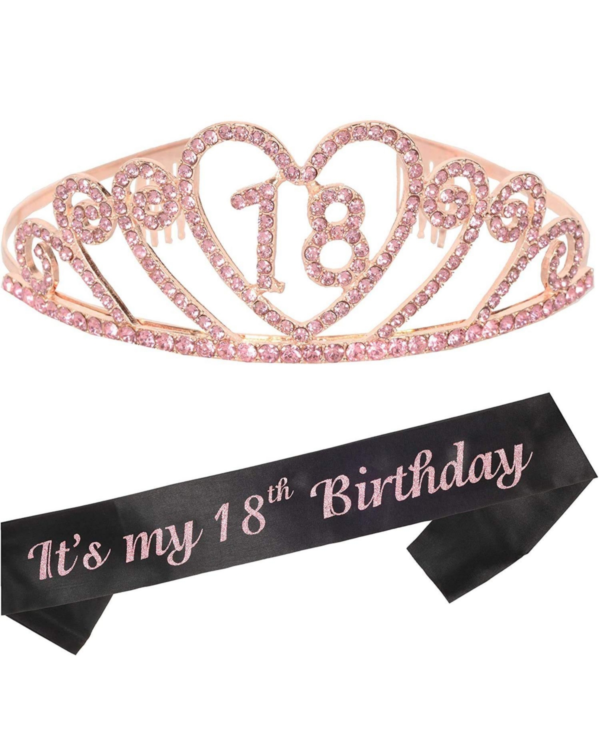18th Birthday Sash and Tiara for Women - Fabulous Set: Glitter Sash + Basic Rhinestone Premium Metal Tiara, 18th Birthday Gifts for Women P