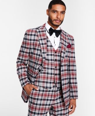 Tayion Collection Men's Classic-Fit Black, Red White Plaid Suit