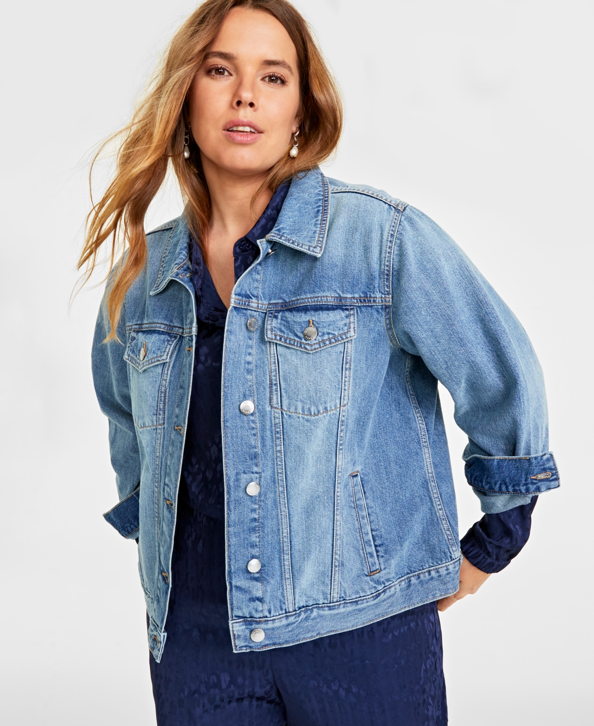 Trendy Plus Size Classic Denim Trucker Jacket, Created for Macy's - Dark Wash
