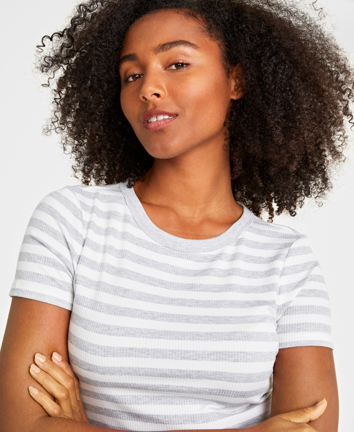 On 34th Women's Short-sleeve Ribbed T-shirt, Created For Macy's In White,grey Cmb