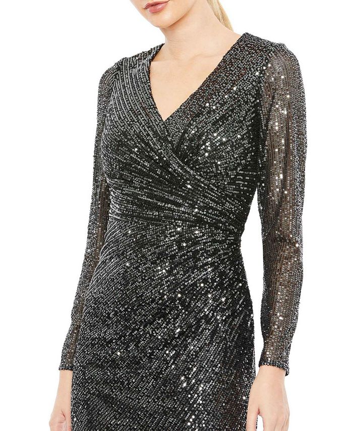 Mac Duggal Women's Ieena Sequined Faux Wrap V Neck Long Sleeve Midi ...