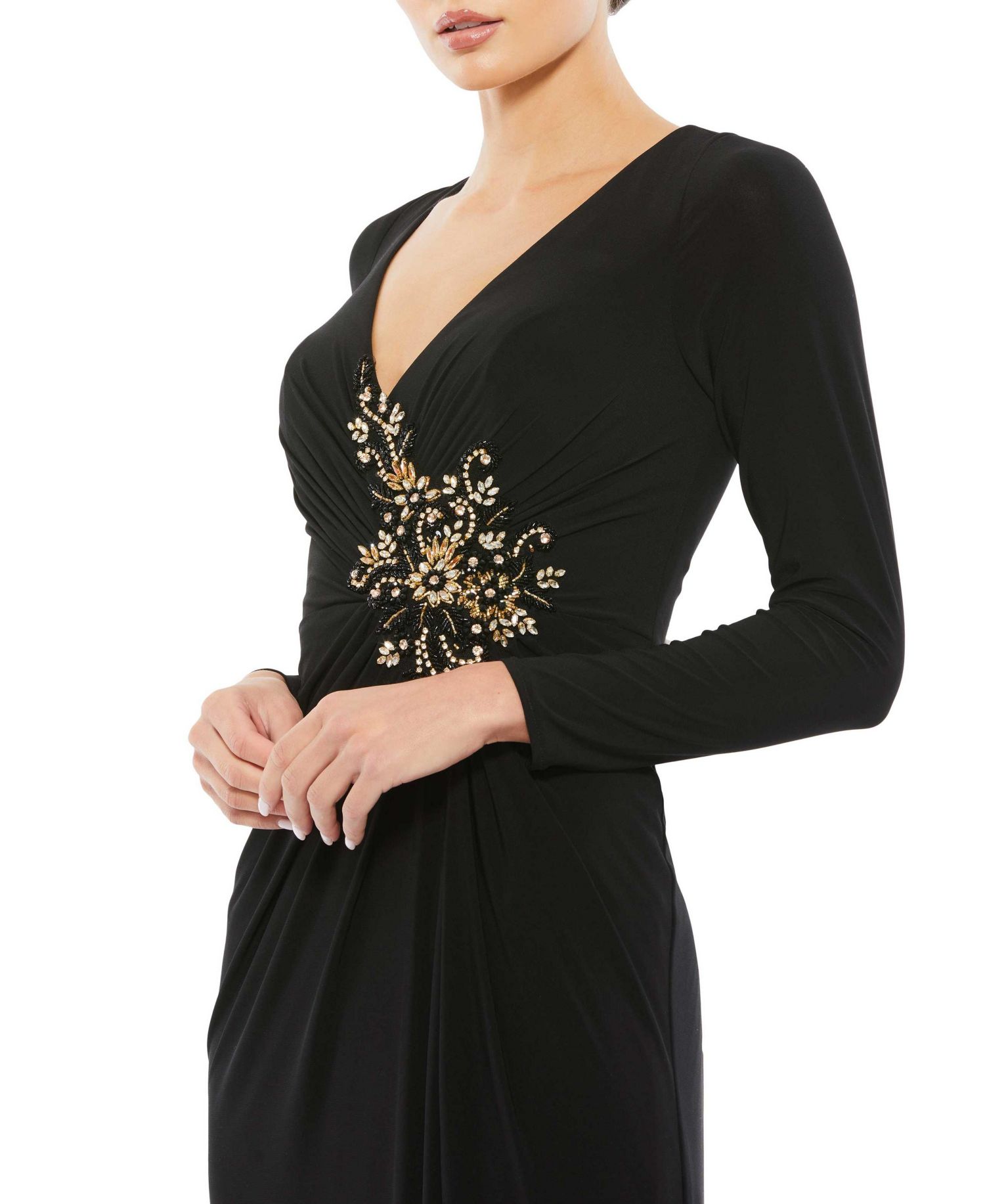 Women's Faux Wrap Long Sleeve Evening Gown with Appliqu&eacute; Detail
