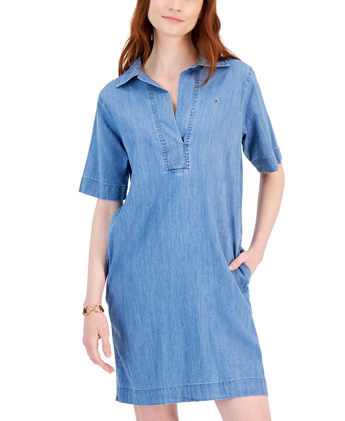 Tommy Hilfiger Women's Popover Short-Sleeve Chambray Dress - Macy's