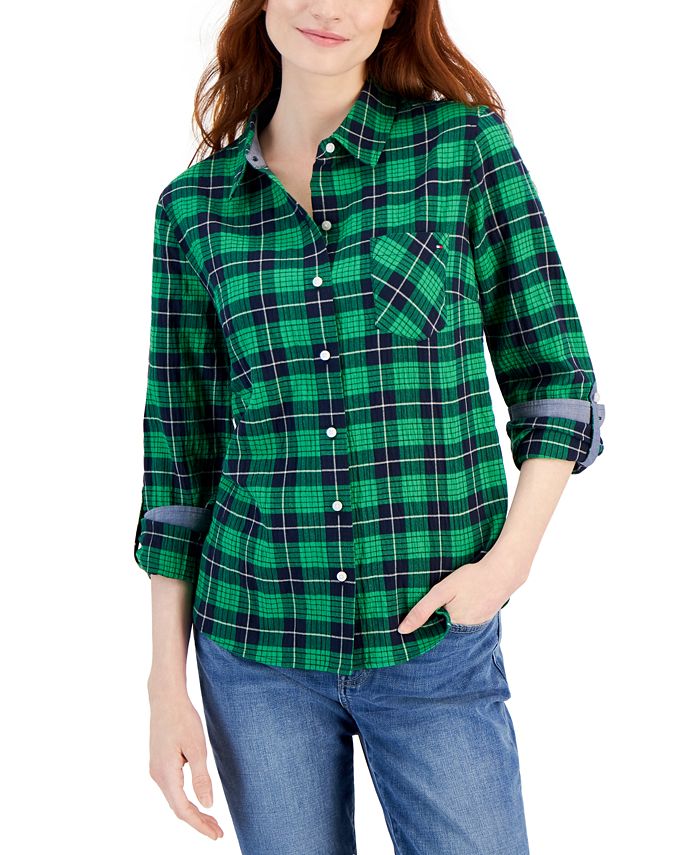 Tommy Hilfiger Women's Cotton Plaid-Print Button-Front Shirt - Macy's