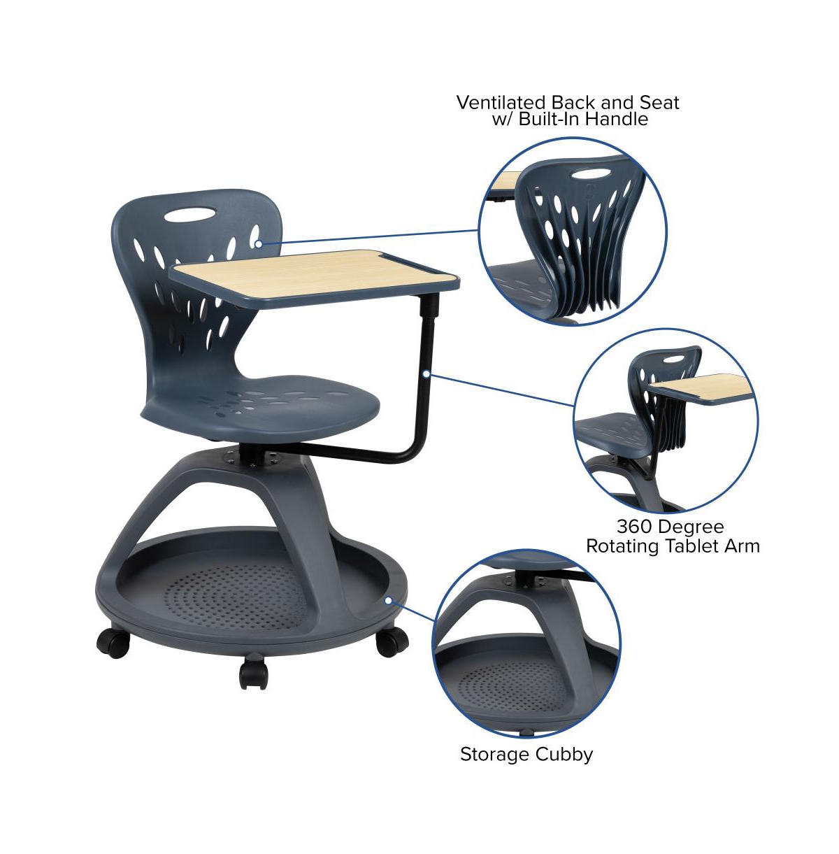 Mobile Desk Chair - 360° Tablet Rotation And Storage Cubby