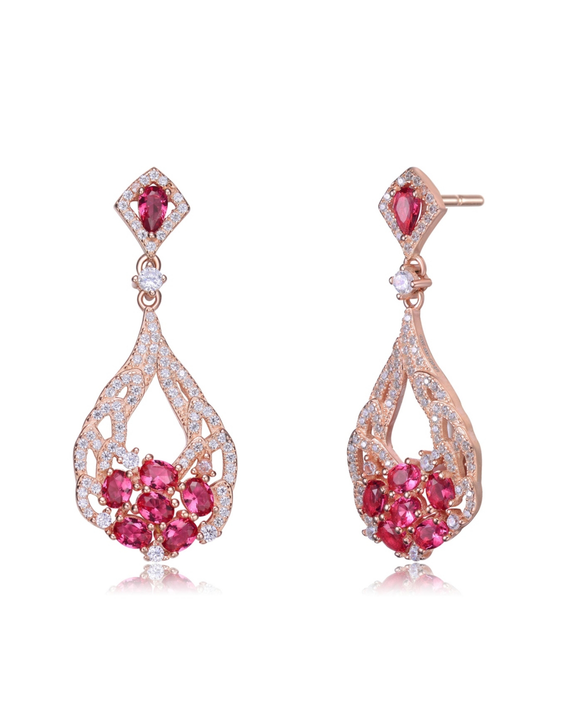 18K Rose Gold Plated Clear and Red Cubic Zirconia Open Teardrop Dangle Earrings - Red