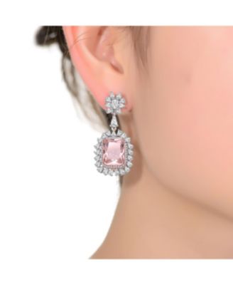 Sterling Silver with White Gold Plated Morganite Cushion with Clear Cubic Zirconia Halo Drop Earrings
