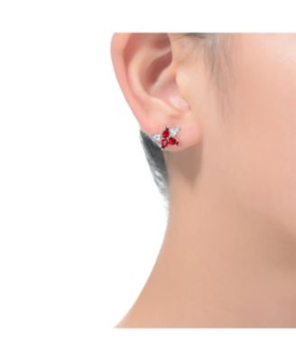 Sterling Silver White Gold Plated Red Cubic Zirconia Stud Earrings