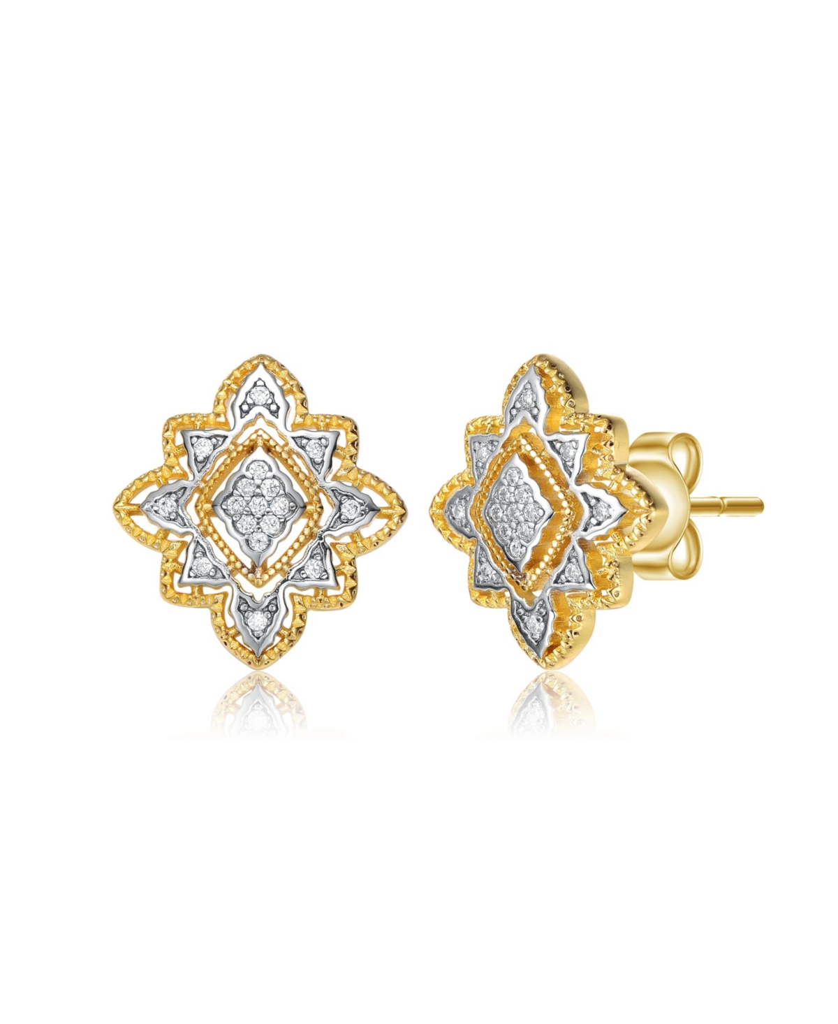 RACHEL GLAUBER 4 PRONG 14K GOLD PLATED AND CUBIC ZIRCONIA FLORAL STUD EARRINGS