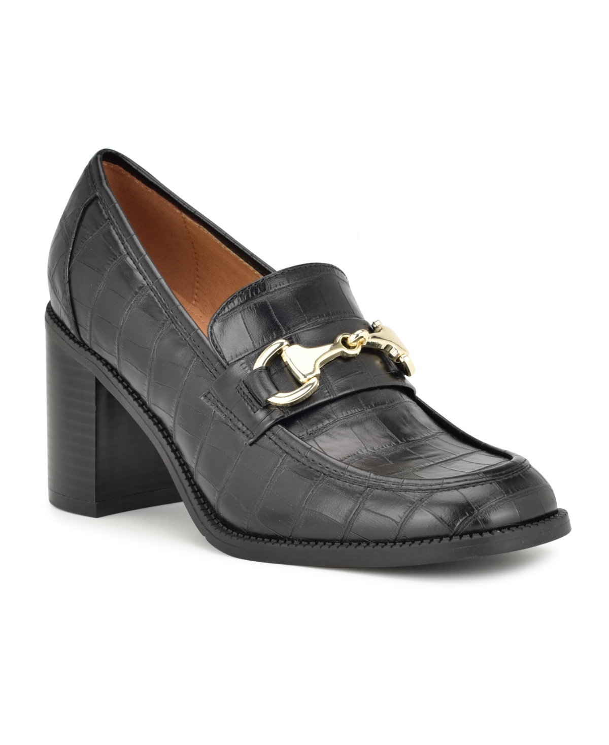 Shop Nine West Women's Koolo Slip-on Round Toe Block Heel Loafers In Black Croco