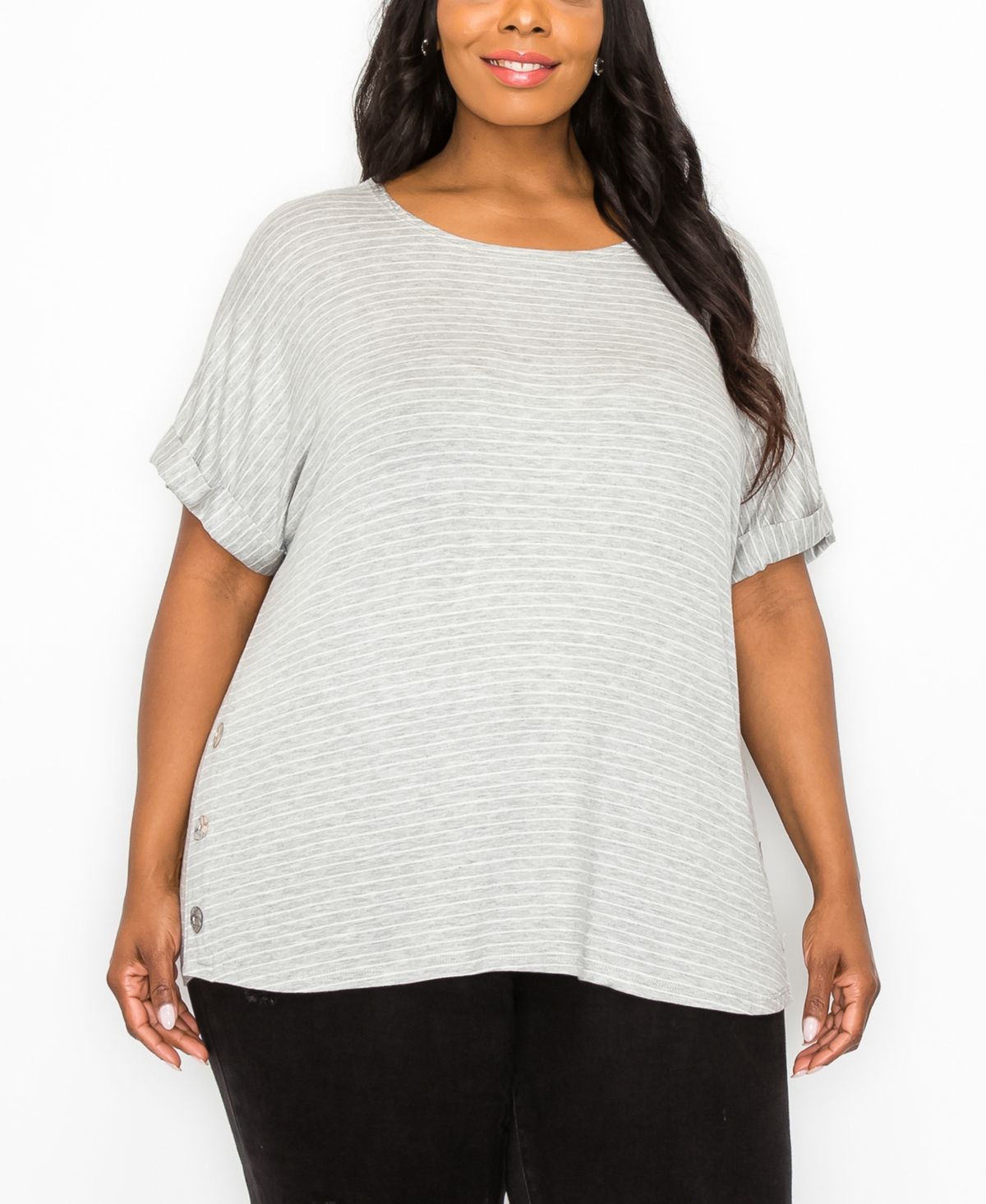 Plus Size Stripe Rolled Short Sleeve Side Button Top - Heather Gray Ivory