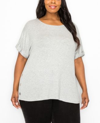 COIN 1804 Plus Size Stripe Rolled Short Sleeve Side Button Top - Macy's