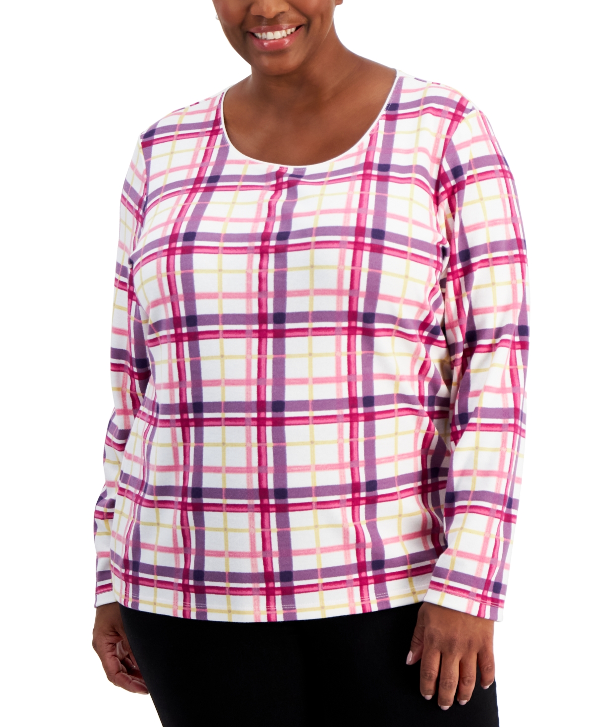 Plus Size Plaid Scoop-Neck Top, Created for Macy's - White/Autumn