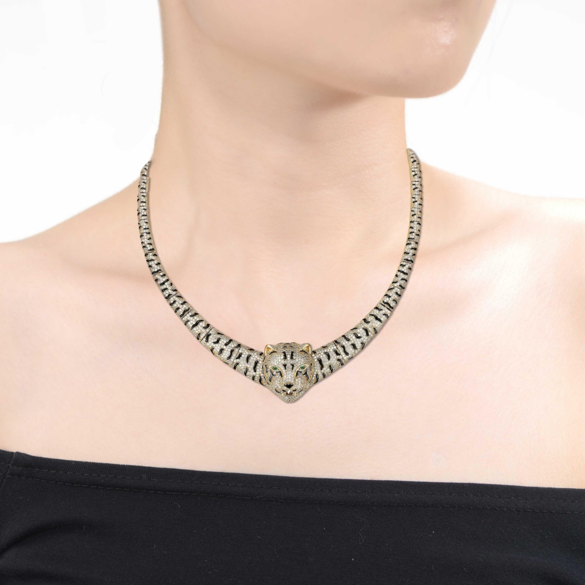 Rachel Glauber Glamorous 14KPlated Necklace with Cubic Zirconia Leopard Design - Gold