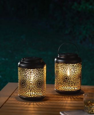 8.75" H Metal Cutout Solar Powered Outdoor Hanging Lantern with Edison Bulb, Set of 2 DNU