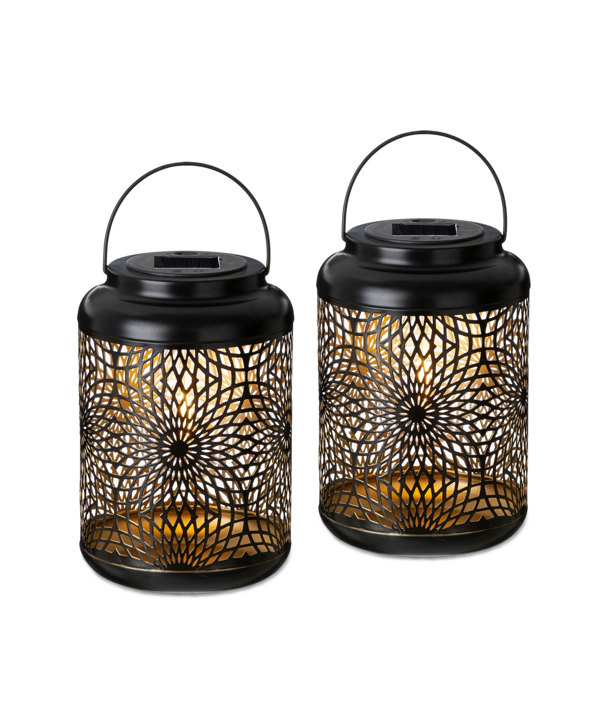 8.75" H Metal Cutout Solar Powered Outdoor Hanging Lantern with Edison Bulb, Set of 2 Dnu - Black