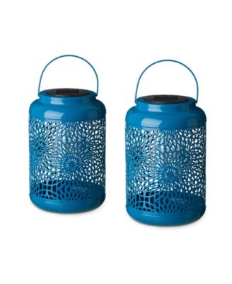 8.75" H Metal Cutout Solar Powered Outdoor Hanging Lantern with Edison Bulb, Set of 2