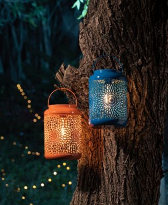 8.75" H Metal Cutout Solar Powered Outdoor Hanging Lantern with Edison Bulb, Set of 2