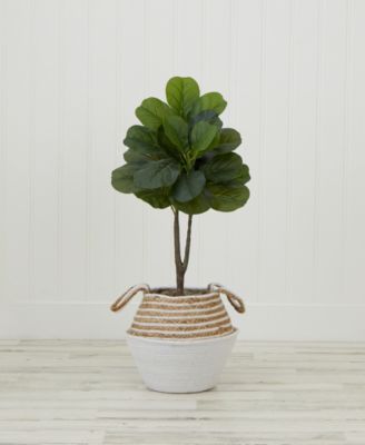 Artificial Fiddle 3' Leaf Fig Tree with Handmade Cotton Jute Woven Basket DIY Kit