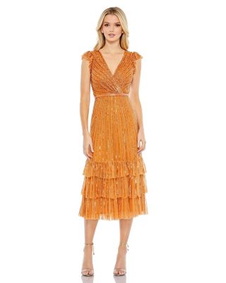 Women's Sequined Wrap Over Cap Sleeve Ruffle Hem Dress