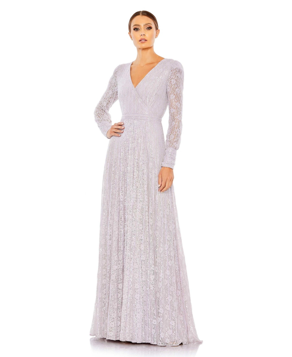 MAC DUGGAL WOMEN'S BEADED LACE LONG SLEEVE WRAP OVER GOWN
