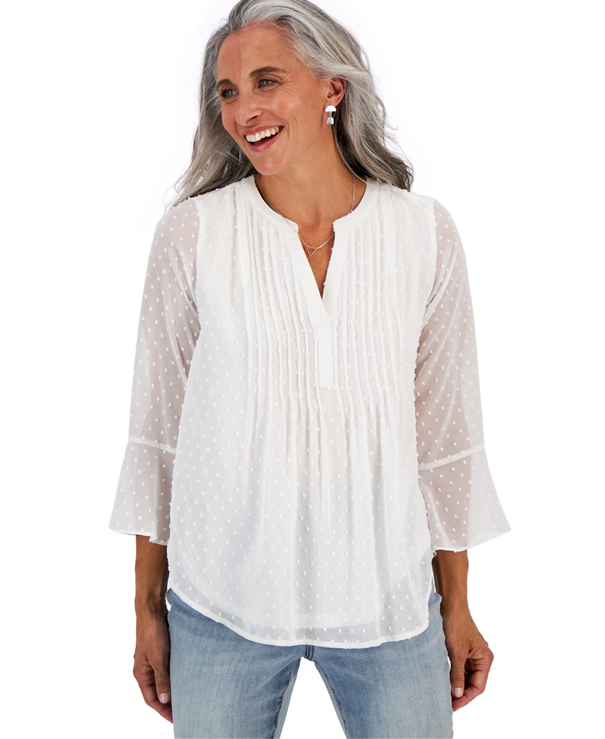 Style & Co Petite 3/4-sleeve Pintuck Blouse, Created For Macy's In Bright White