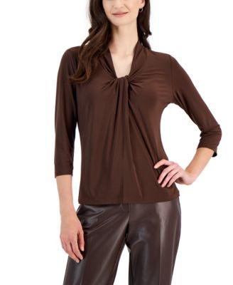 Kasper - Petite Knot-Design 3/4-Sleeve Cowlneck Top