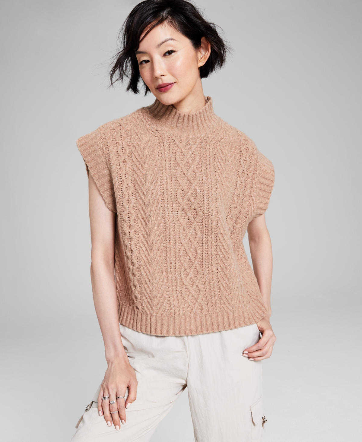 And Now This Women's Cable-knit Mock-neck Sleeveless Sweater In Almond