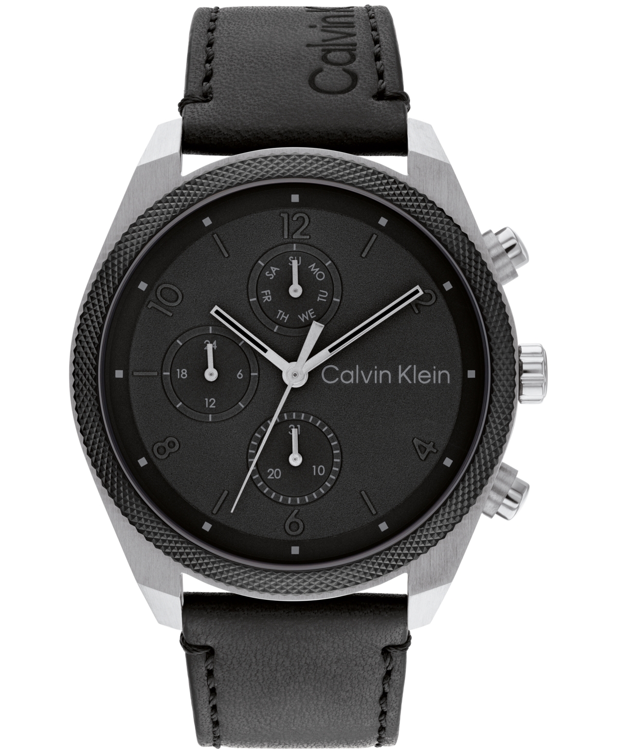 Men's Multifunction Black Leather Strap Watch 44mm - Black