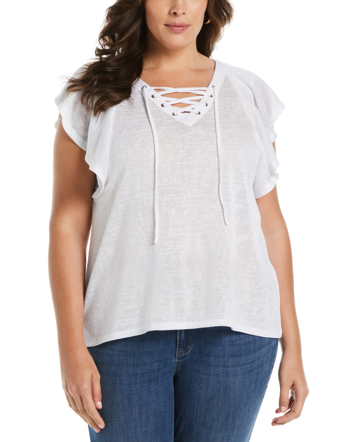 Shop Ella Rafaella Plus Size Lace-up Flutter Short Sleeve Top In White