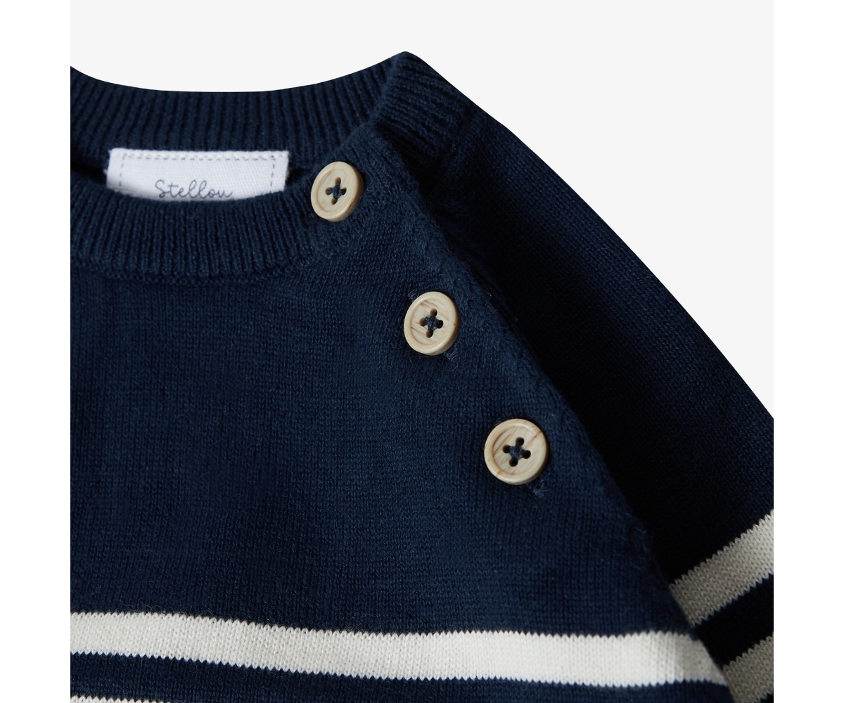 Stellou & Friends Baby Girls 100% Cotton Knit Striped Baby Long Sleeve Sweater with Shoulder Button Closure -/ white stripes