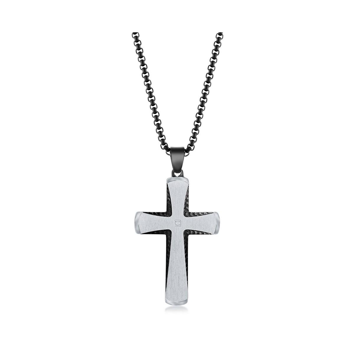 Men's Stainless Steel Black & Silver Single Cz Cross Necklace - Silver