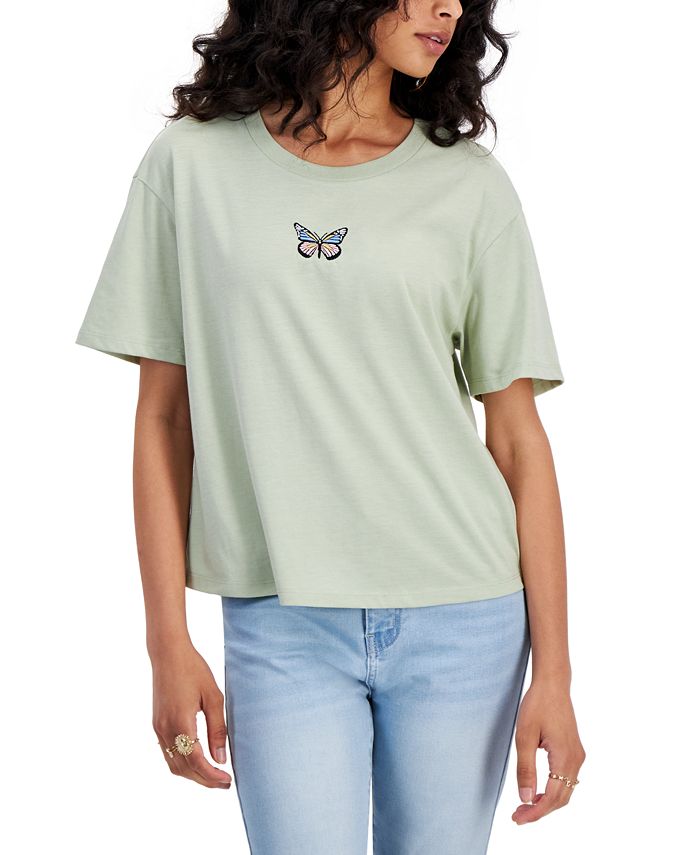 Rebellious One Juniors' Butterfly Embroidery T-Shirt - Macy's