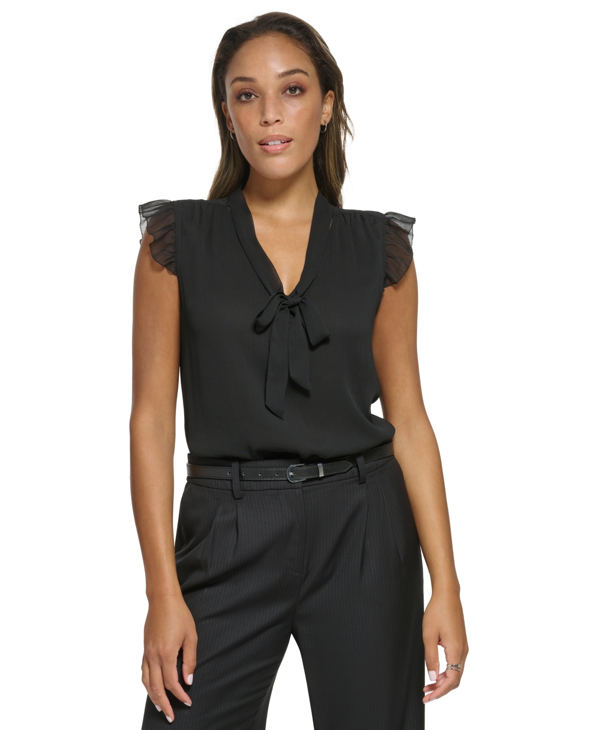 Calvin Klein Women's Ruffled Cap-sleeve Tie-neck Blouse In Black